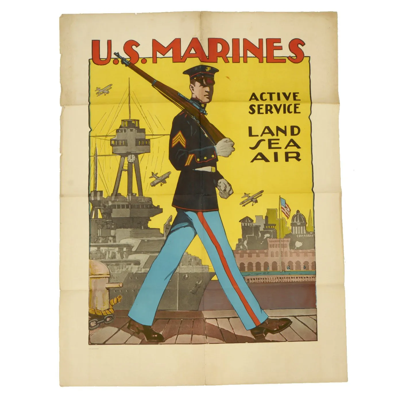 Original U.S. Pre-WWII Marine Enlistment Poster - Active Service - Land Sea Air