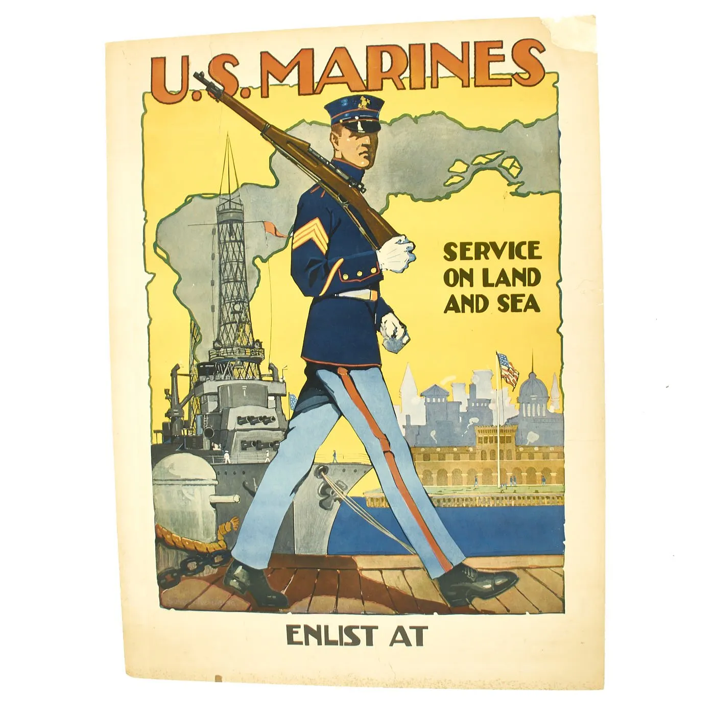 Original U.S. WWI Marine Enlistment Poster - Service on Land and Sea