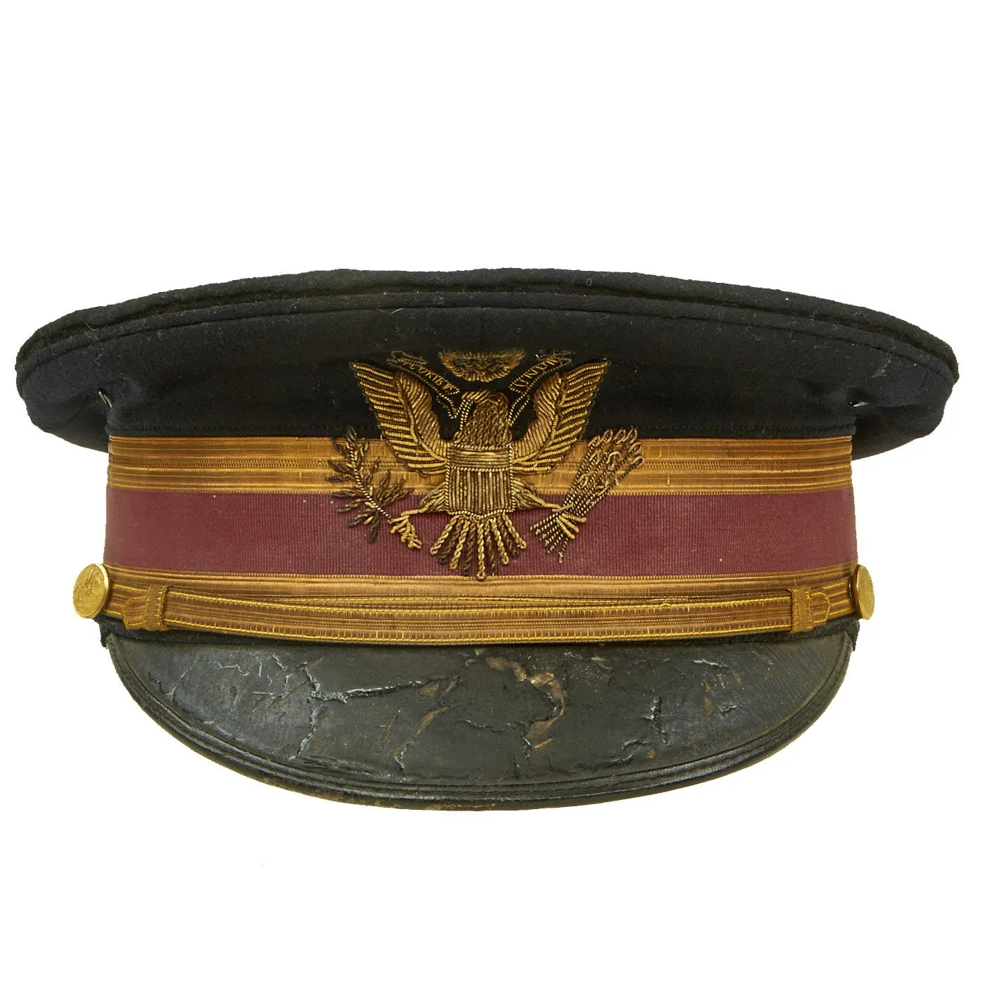 Original U.S. WWI US M-1910 Medical Officer's Dress Blue Visor Cap with Direct Embroidered Bouillon Insignia