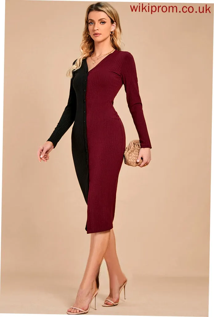 Pam Long V-Neck Blends Dresses Elegant Cotton Bodycon Sleeves Club Dresses Midi