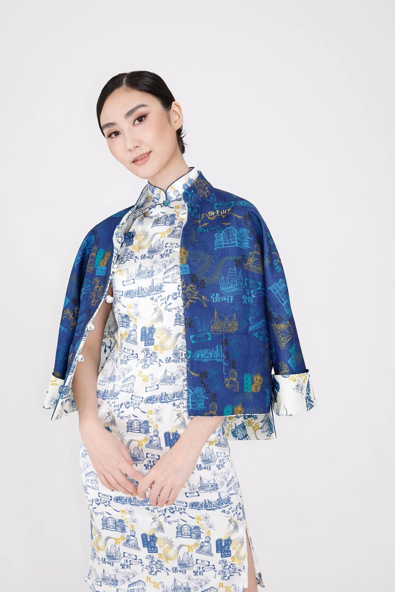 PANDORA HK Print Cheongsam (White/ Navy)