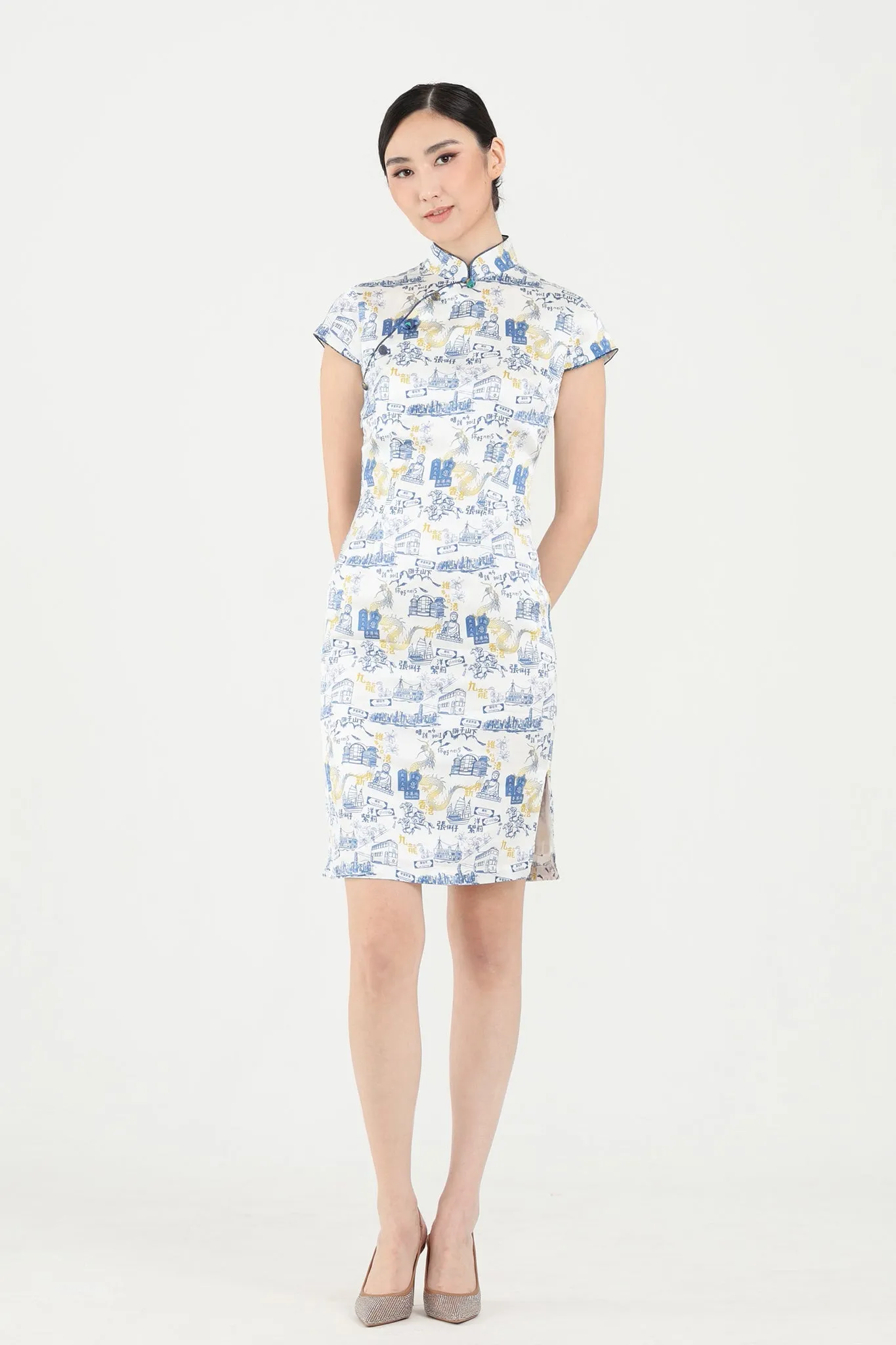 PANDORA HK Print Cheongsam (White/ Navy)