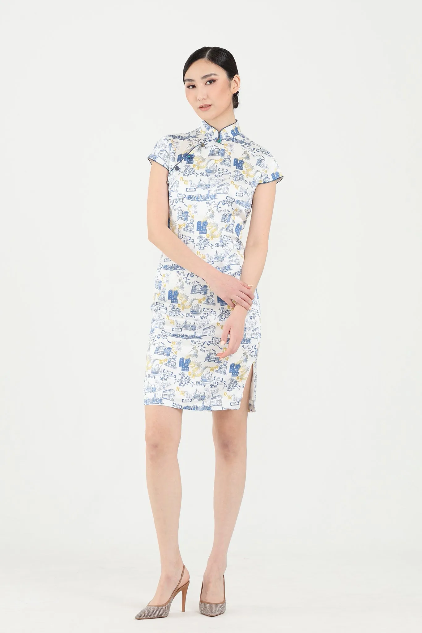 PANDORA HK Print Cheongsam (White/ Navy)