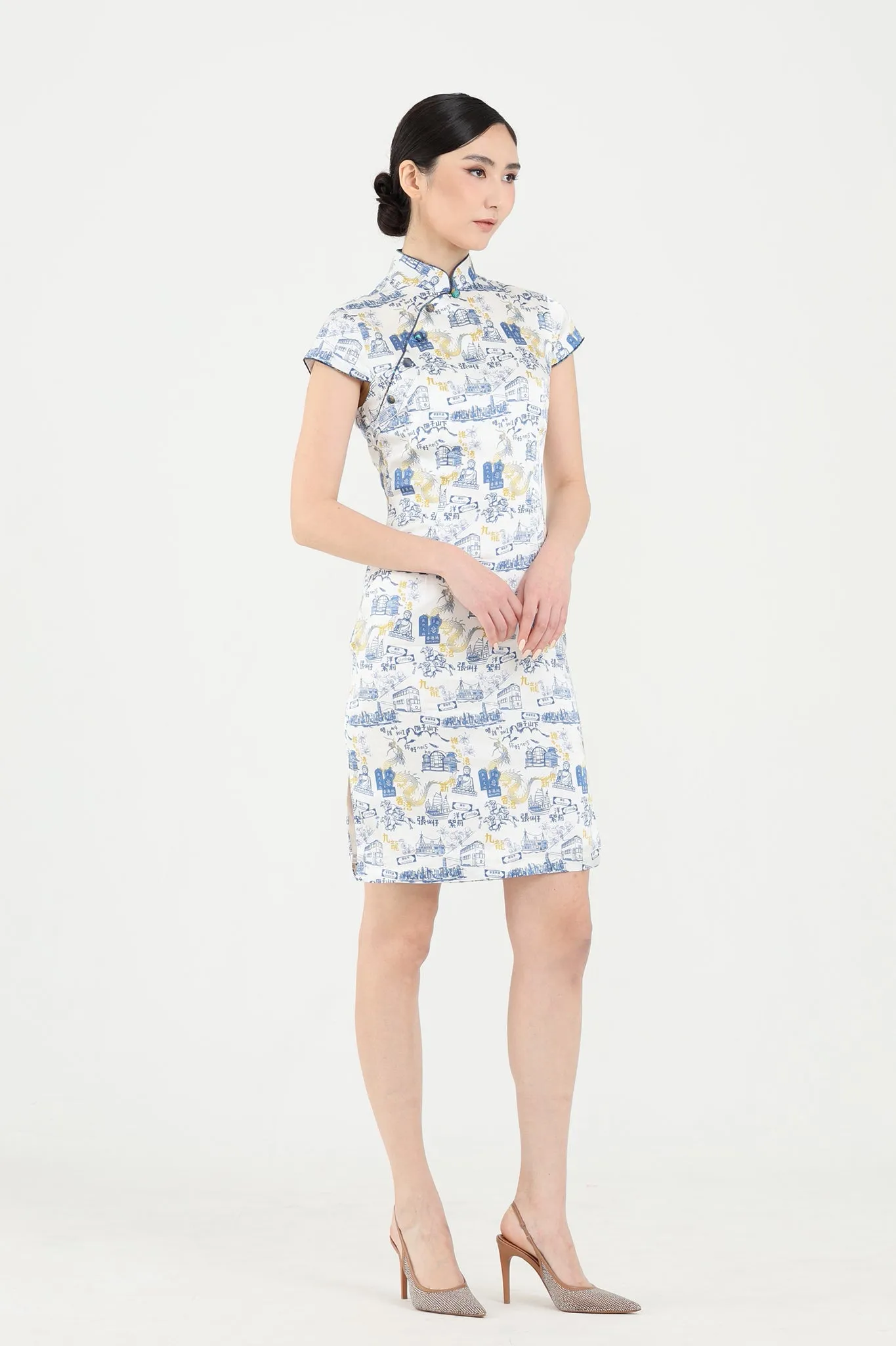 PANDORA HK Print Cheongsam (White/ Navy)