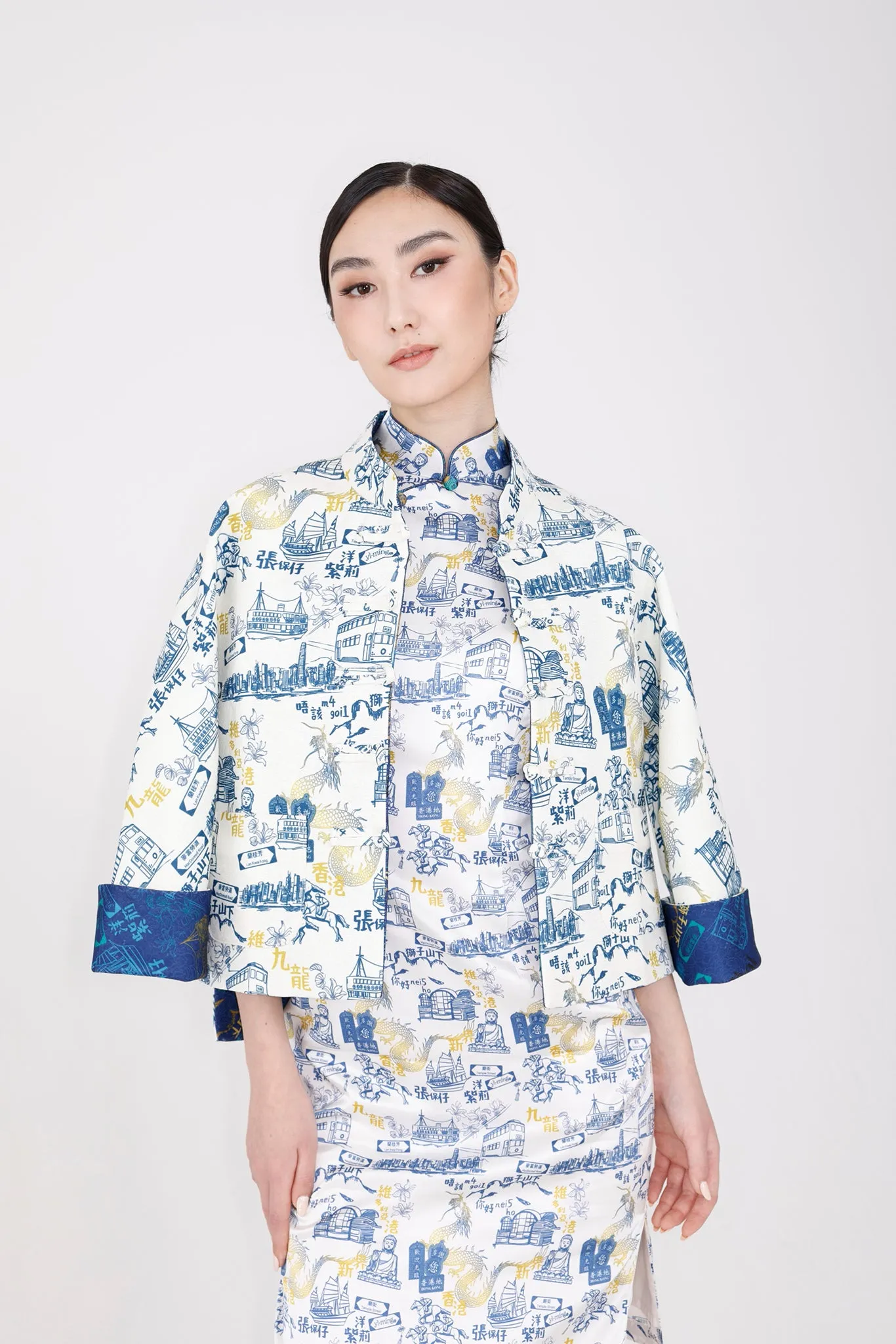 PANDORA HK Print Cheongsam (White/ Navy)