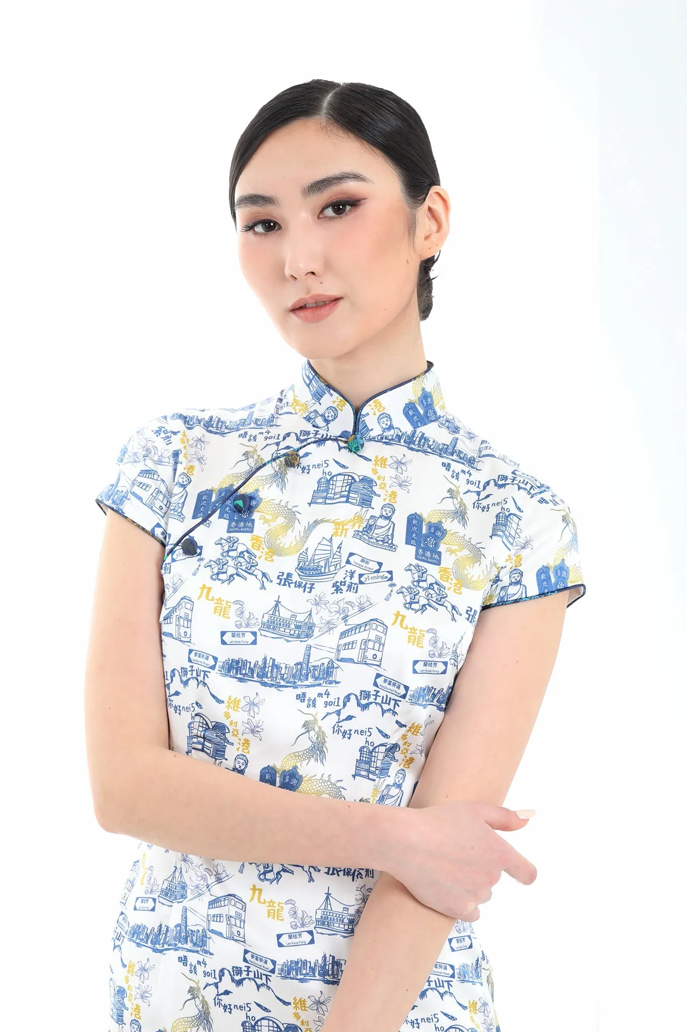 PANDORA HK Print Cheongsam (White/ Navy)