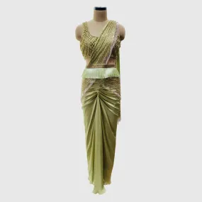 Parrot Green Zig-Zag Pre Draped Saree Set