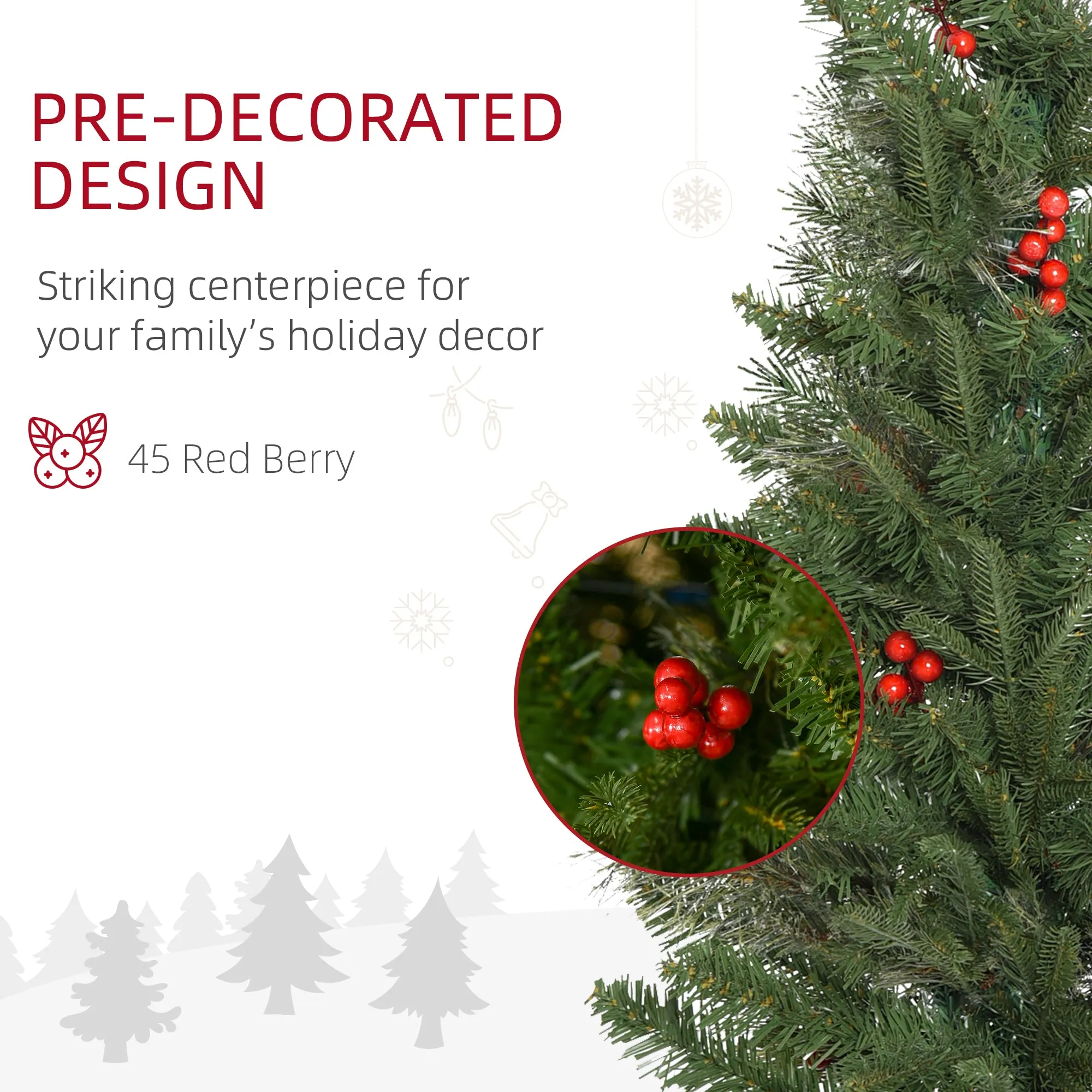 Pencil Artificial Christmas Tree with Realistic Branches, Red Berries, Auto Open, Green