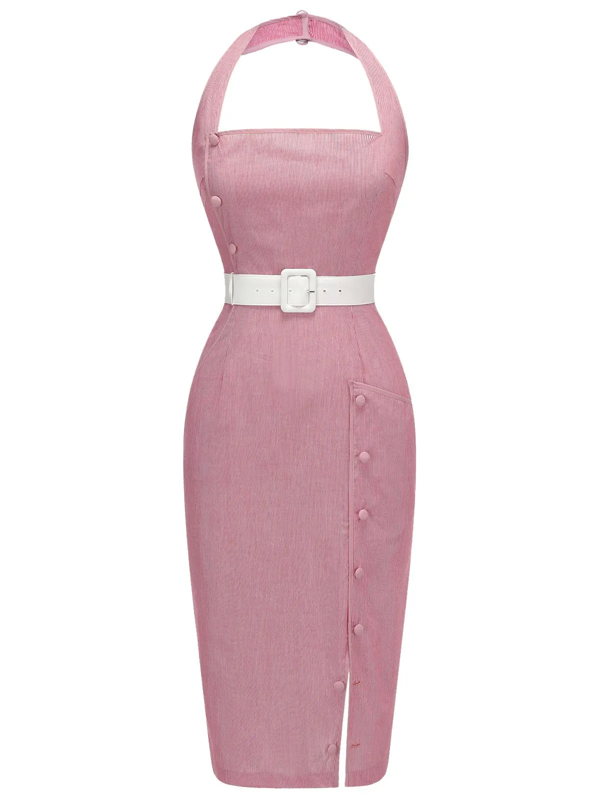 Pink 1960s Halter Stripes Belted Bodycon Dress