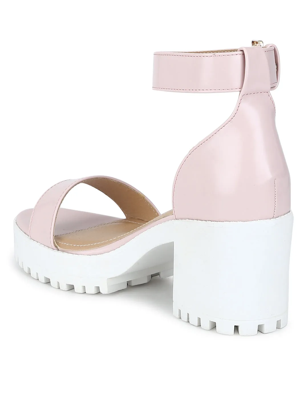 Pink Box Cleated Bottom Ankle Strap Block Heels