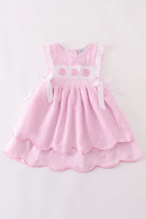 Pink pumpkin embroidery seersucker ruffle dress