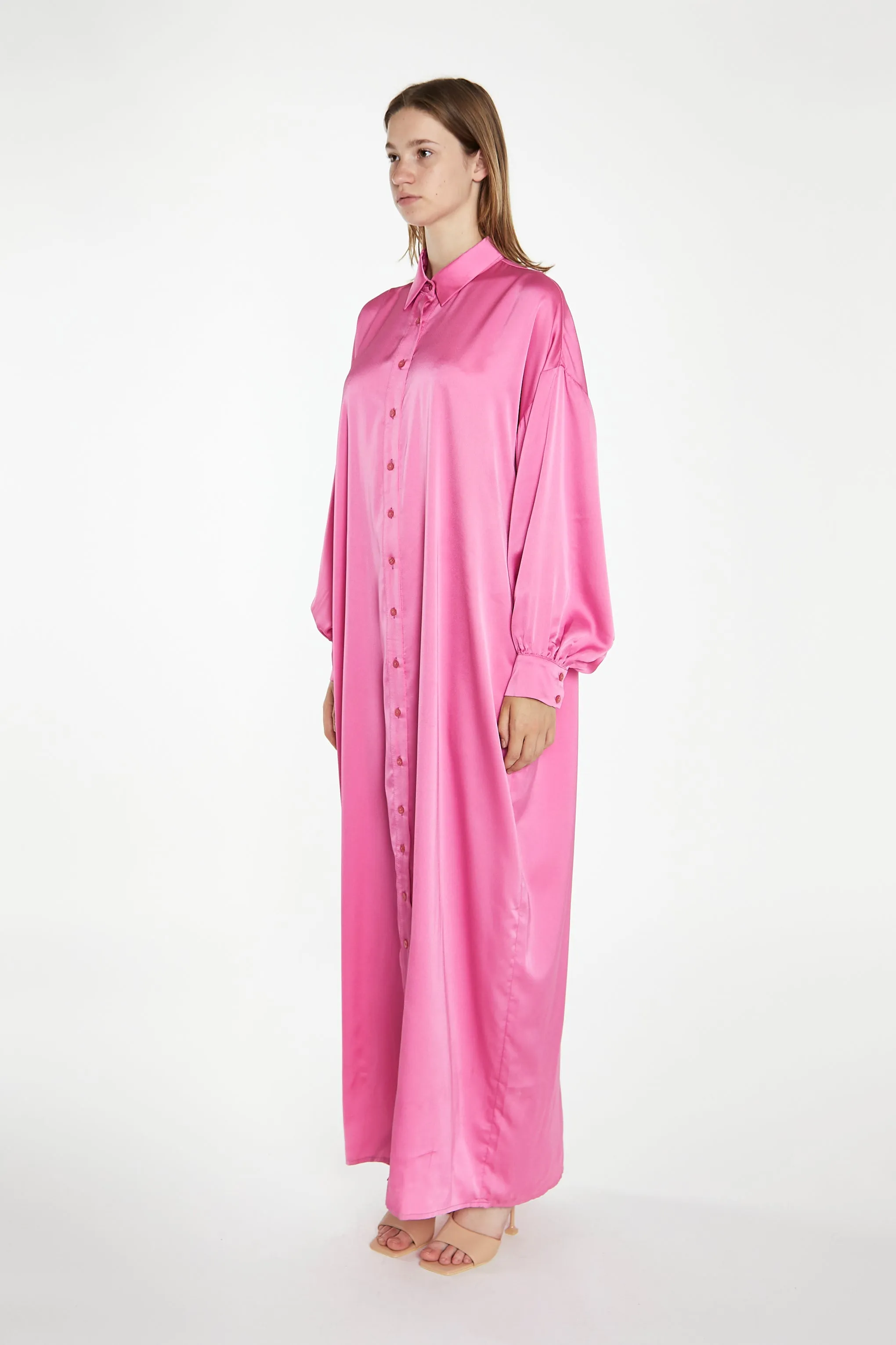 Pink Satin Oversized Maxi Shirt Dress