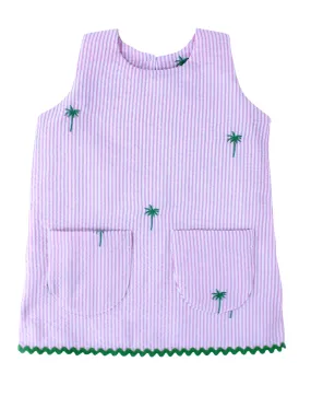 Pink Seersucker Girls Dress with Green Embroidered Palm Trees