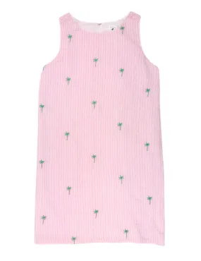 Pink Seersucker Women's Dress with Green Embroidered Palm Trees