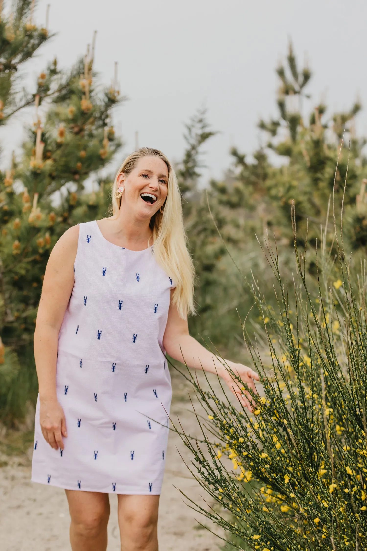 Pink Seersucker Women's Shift Dress with Navy Embroidered Lobsters