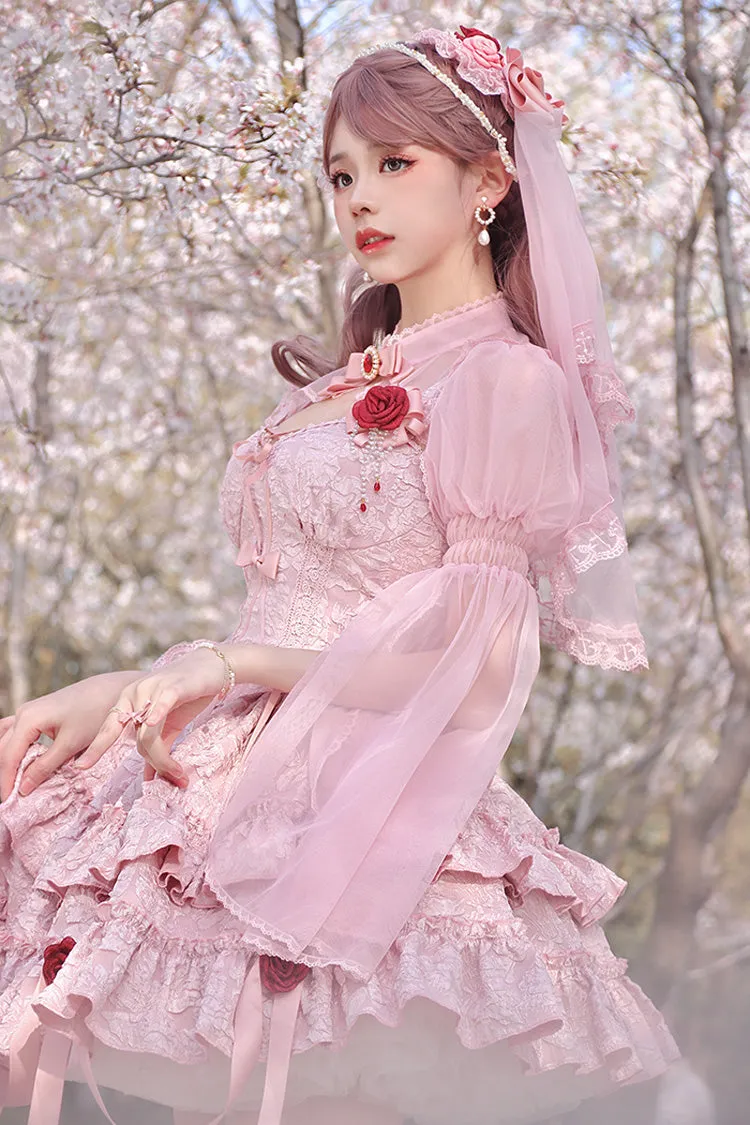 Pink Weeping Rose Double-Layered Ruffle Embroidery Bowknot Lace Sweet Ballet Lolita Skirt Set