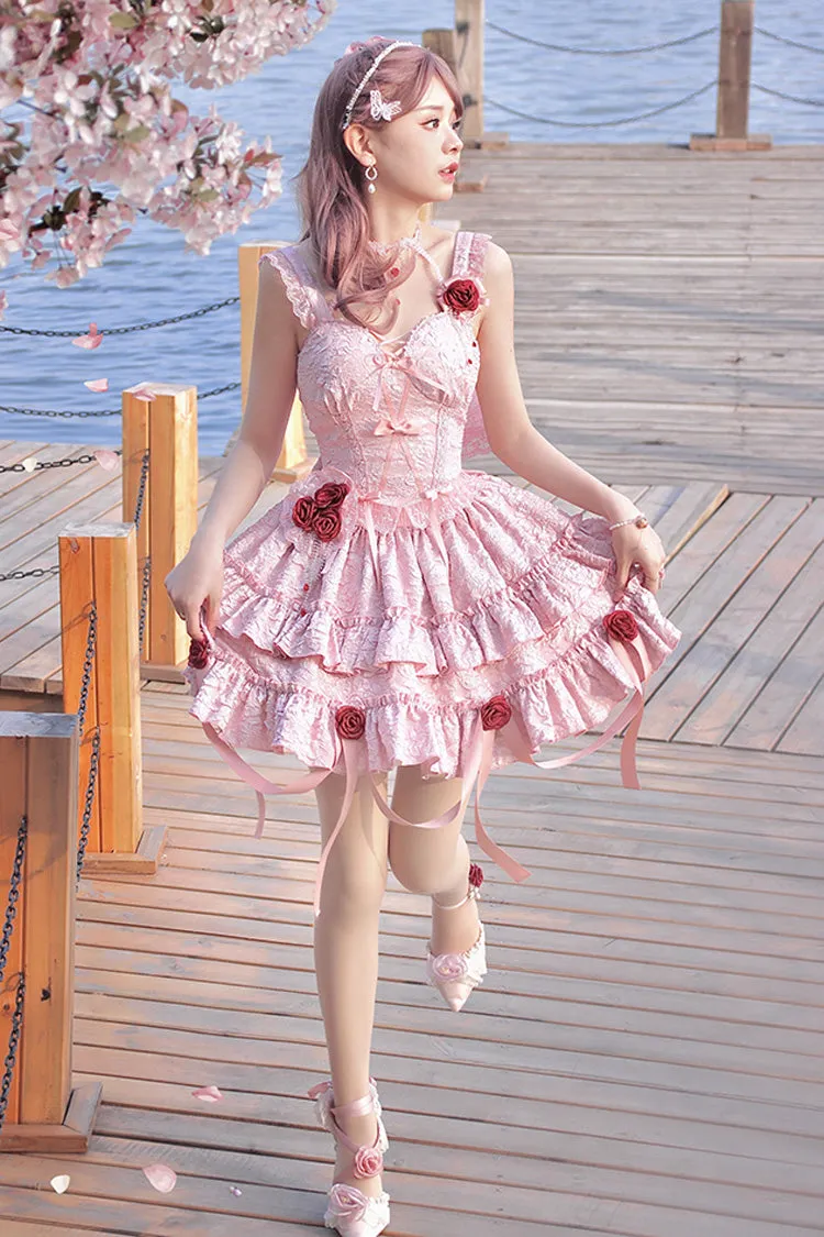 Pink Weeping Rose Double-Layered Ruffle Embroidery Bowknot Lace Sweet Ballet Lolita Skirt Set