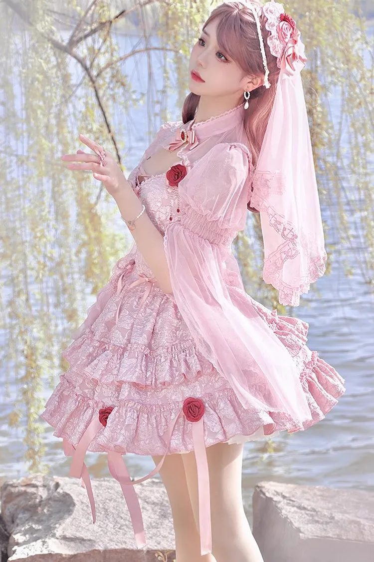 Pink Weeping Rose Double-Layered Ruffle Embroidery Bowknot Lace Sweet Ballet Lolita Skirt Set