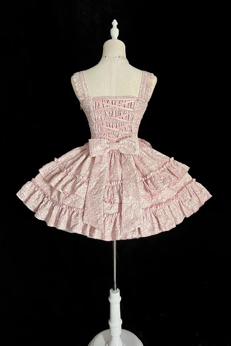 Pink Weeping Rose Double-Layered Ruffle Embroidery Bowknot Lace Sweet Ballet Lolita Skirt Set