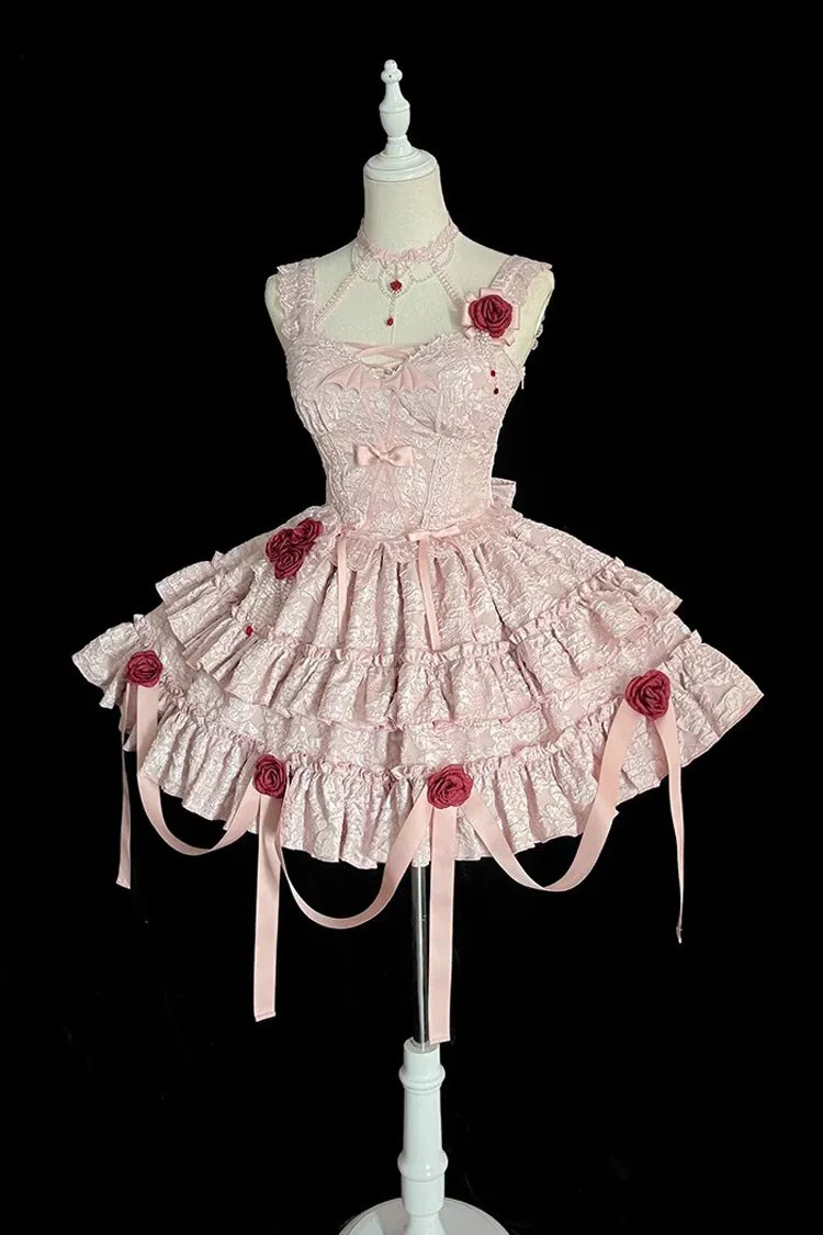 Pink Weeping Rose Double-Layered Ruffle Embroidery Bowknot Lace Sweet Ballet Lolita Skirt Set