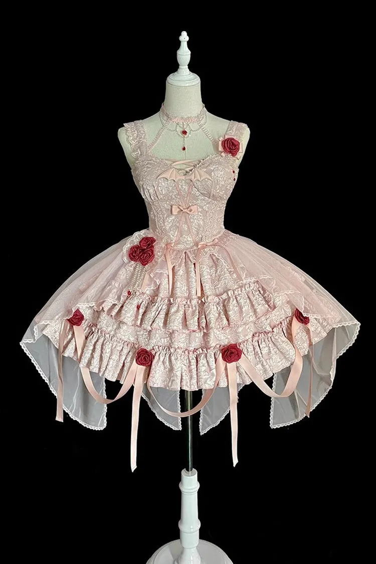 Pink Weeping Rose Double-Layered Ruffle Embroidery Bowknot Lace Sweet Ballet Lolita Skirt Set