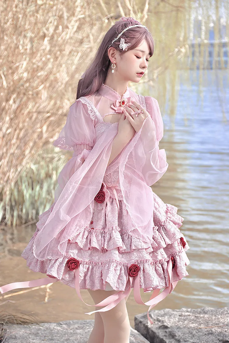 Pink Weeping Rose Double-Layered Ruffle Embroidery Bowknot Lace Sweet Ballet Lolita Skirt Set