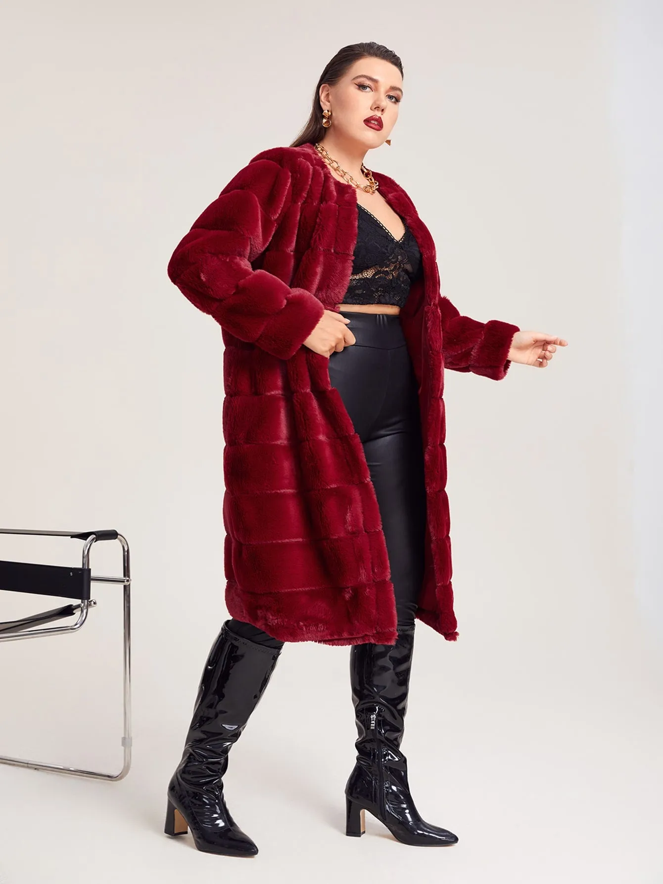 Plain Long Sleeve Knee Length Plus Size Faux Fur Coat