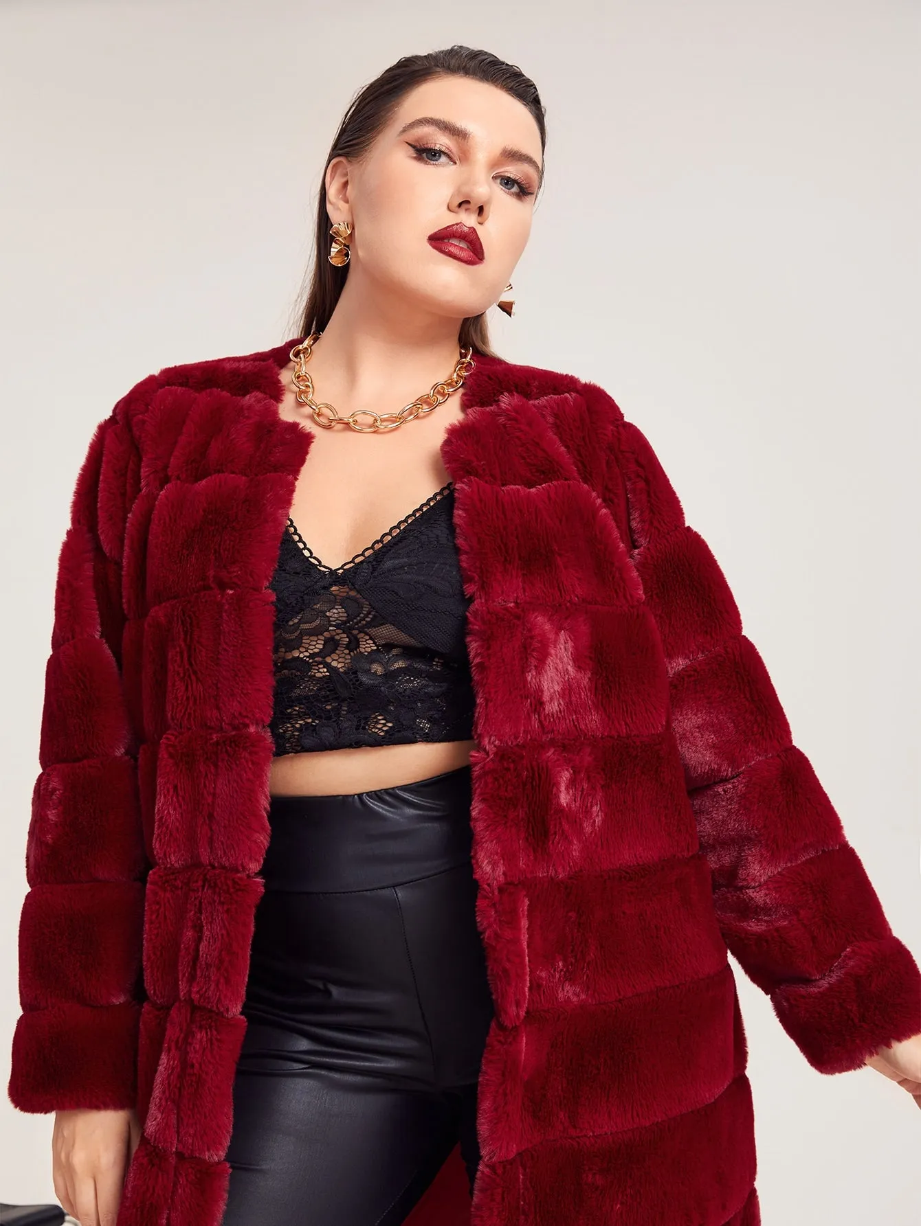 Plain Long Sleeve Knee Length Plus Size Faux Fur Coat