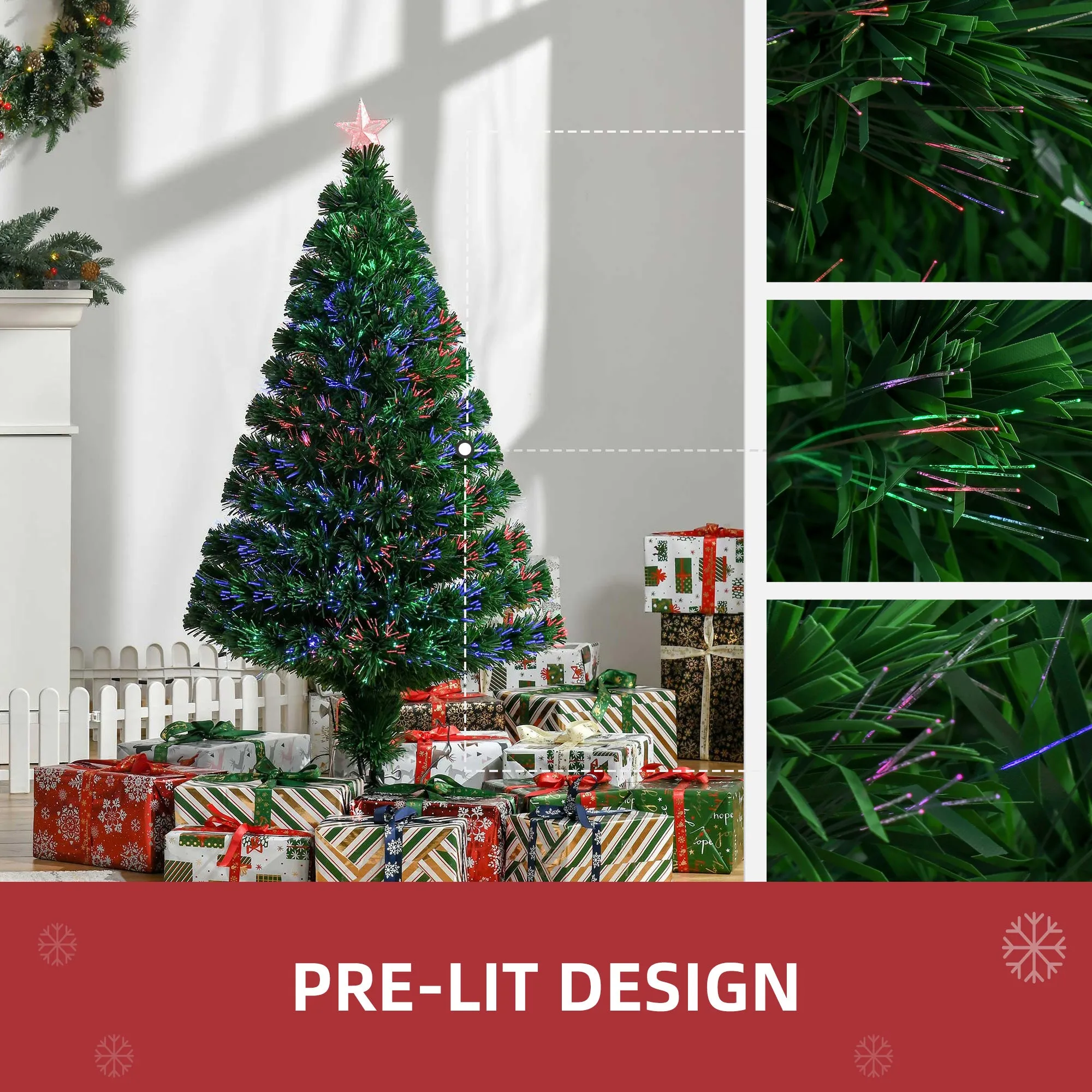 Prelit Christmas Tree Artificial Tree, Metal Base, Pre-Lit, 1.2m