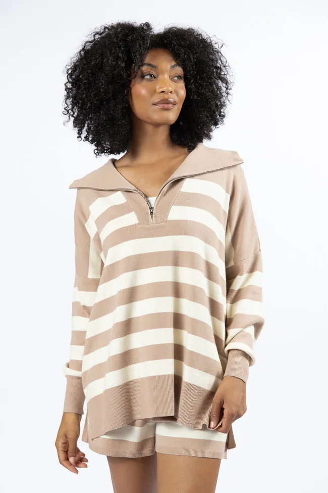 Pulling Heartstrings Taupe And Cream Striped Quarter Zip Pullover