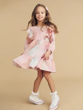 Rainbow Check frill long sleeve dress for kid girls