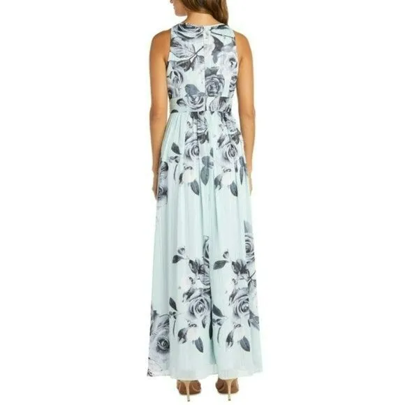 R&M RICHARDS Floral Print Rhinestone Waist Gown Maxi Dress