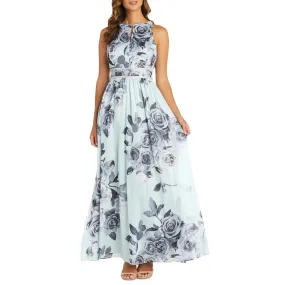 R&M RICHARDS Floral Print Rhinestone Waist Gown Maxi Dress