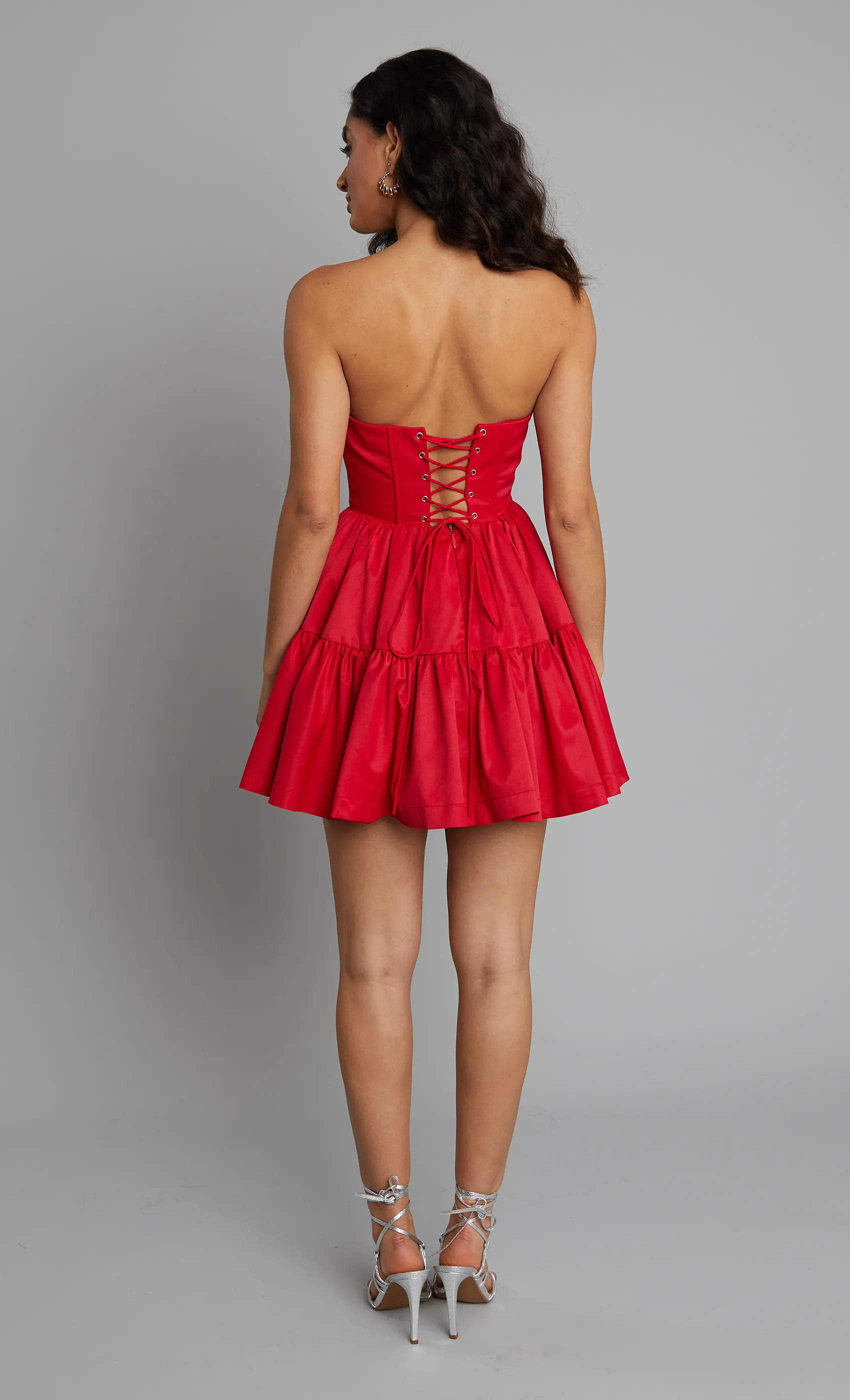 Red Bandeau Tiered Mini Dress