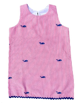 Red Seersucker Dress with Navy Embroidered Whales