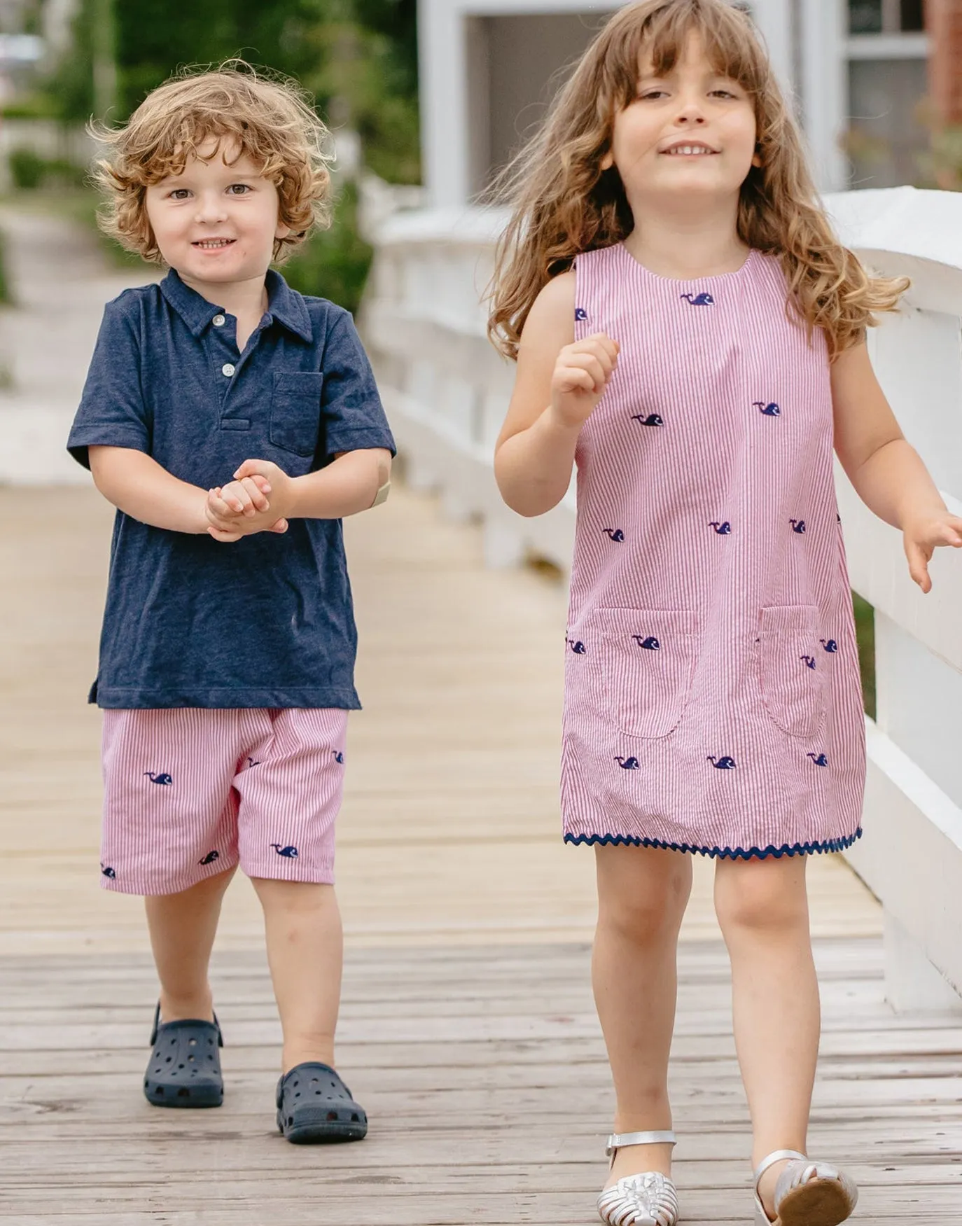 Red Seersucker Dress with Navy Embroidered Whales