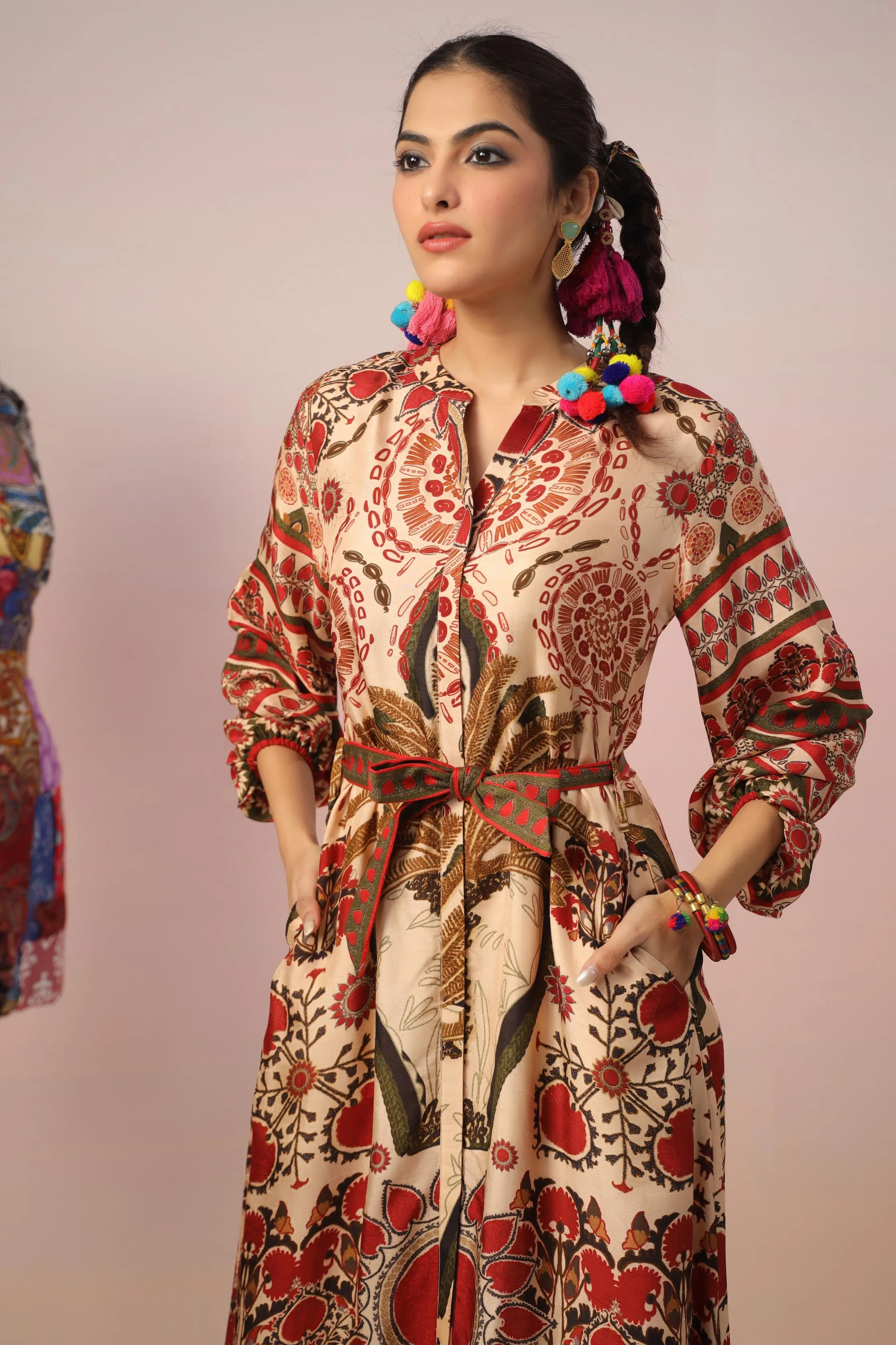 Rose Beige Traditional Printed Malai Cotton Dress