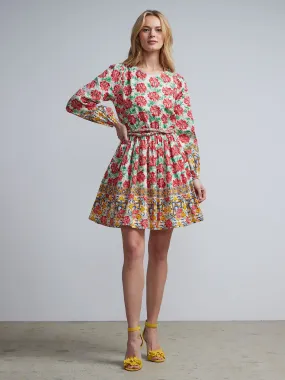 Rose-Print Tie-Waist Flare Dress