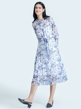 Ruffle Detail Floral Sheer Dress With Tie Up - Blue