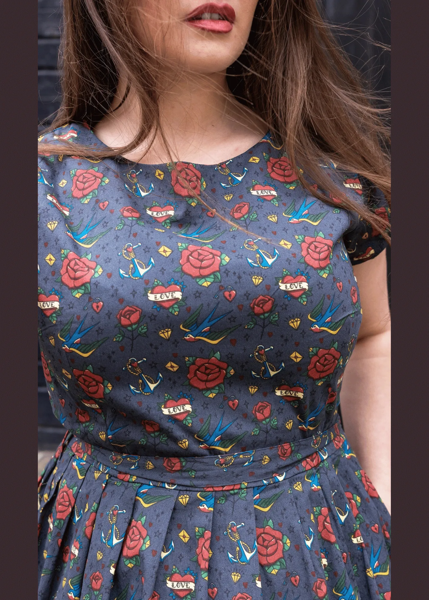 Run & Fly - Retro Tattoo Stretch Belted Tea Dress with Pockets