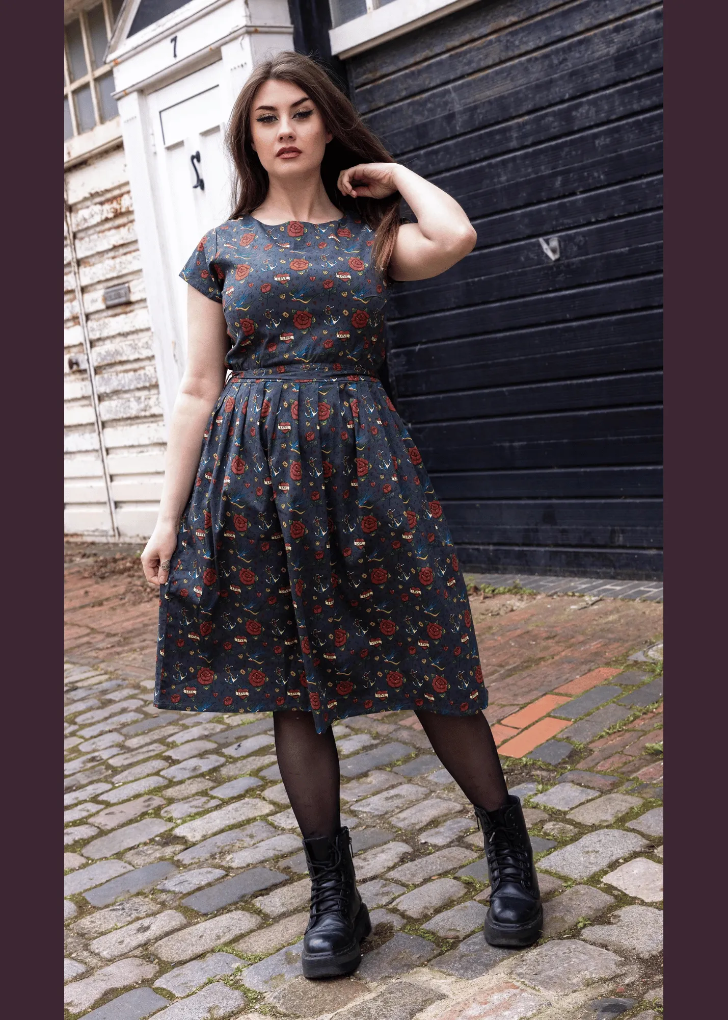 Run & Fly - Retro Tattoo Stretch Belted Tea Dress with Pockets