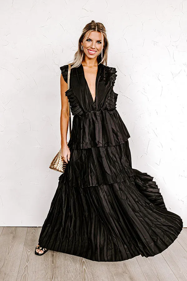 Seeking Champagne Pleated Maxi Dress In Black