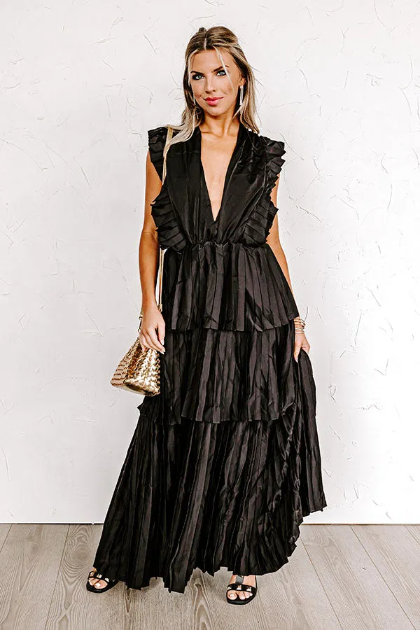 Seeking Champagne Pleated Maxi Dress In Black