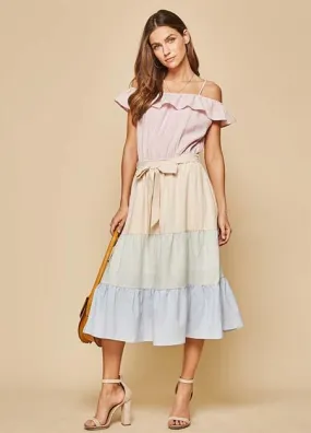 Seersucker Tiered Off-The-Shoulder Dress