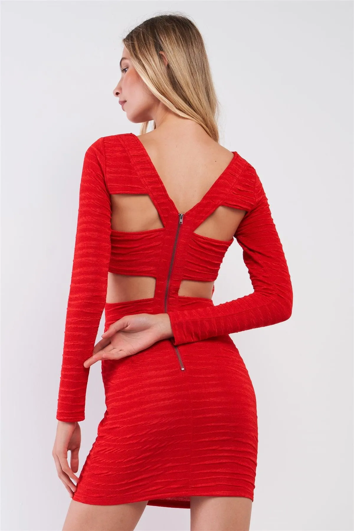 Sexy Red Mesh Inserts Cut-Out Back Bodycon Mini Dress /3-2-2