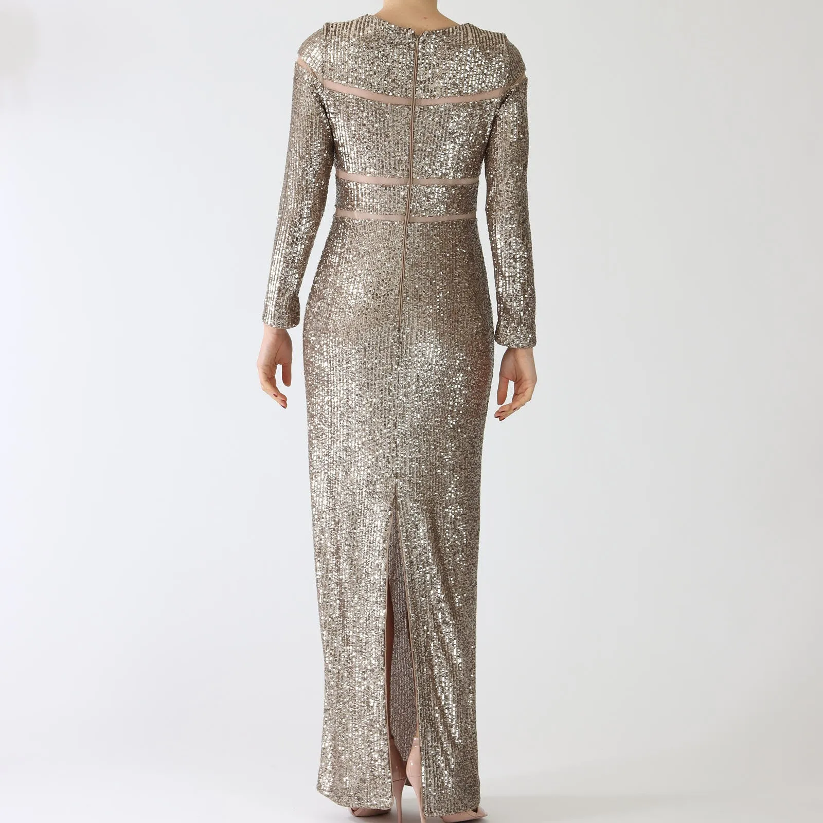 Shiny Sand Sequin Panelled Maxi Dress