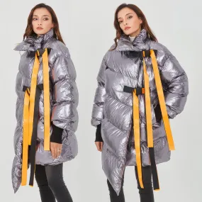 SILVER OVERSIZED Puffer Jacket with IRREGULAR HEM