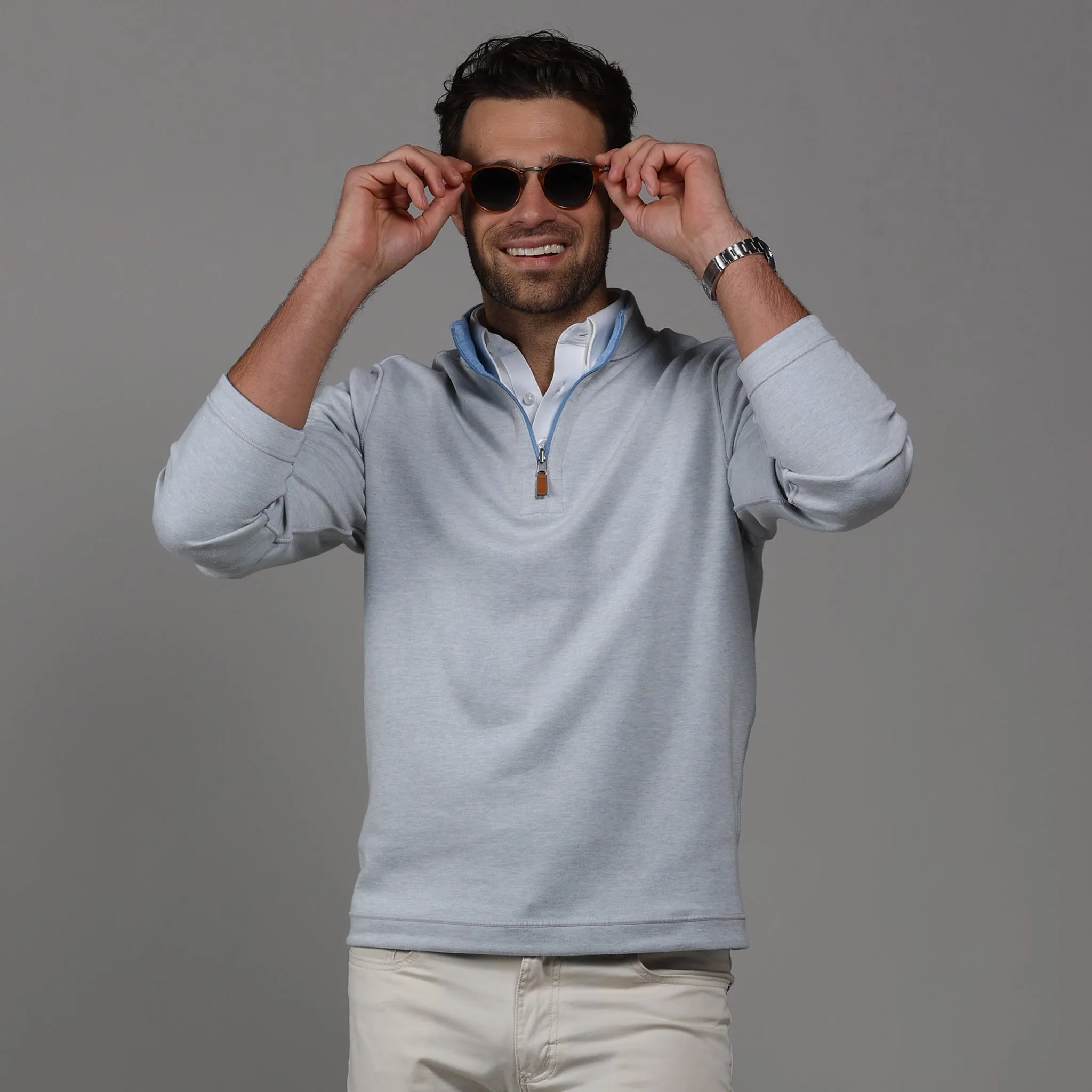 Sky Blue and Light Grey Zen Cotton Blend Reversible Quarter Zip Pullover