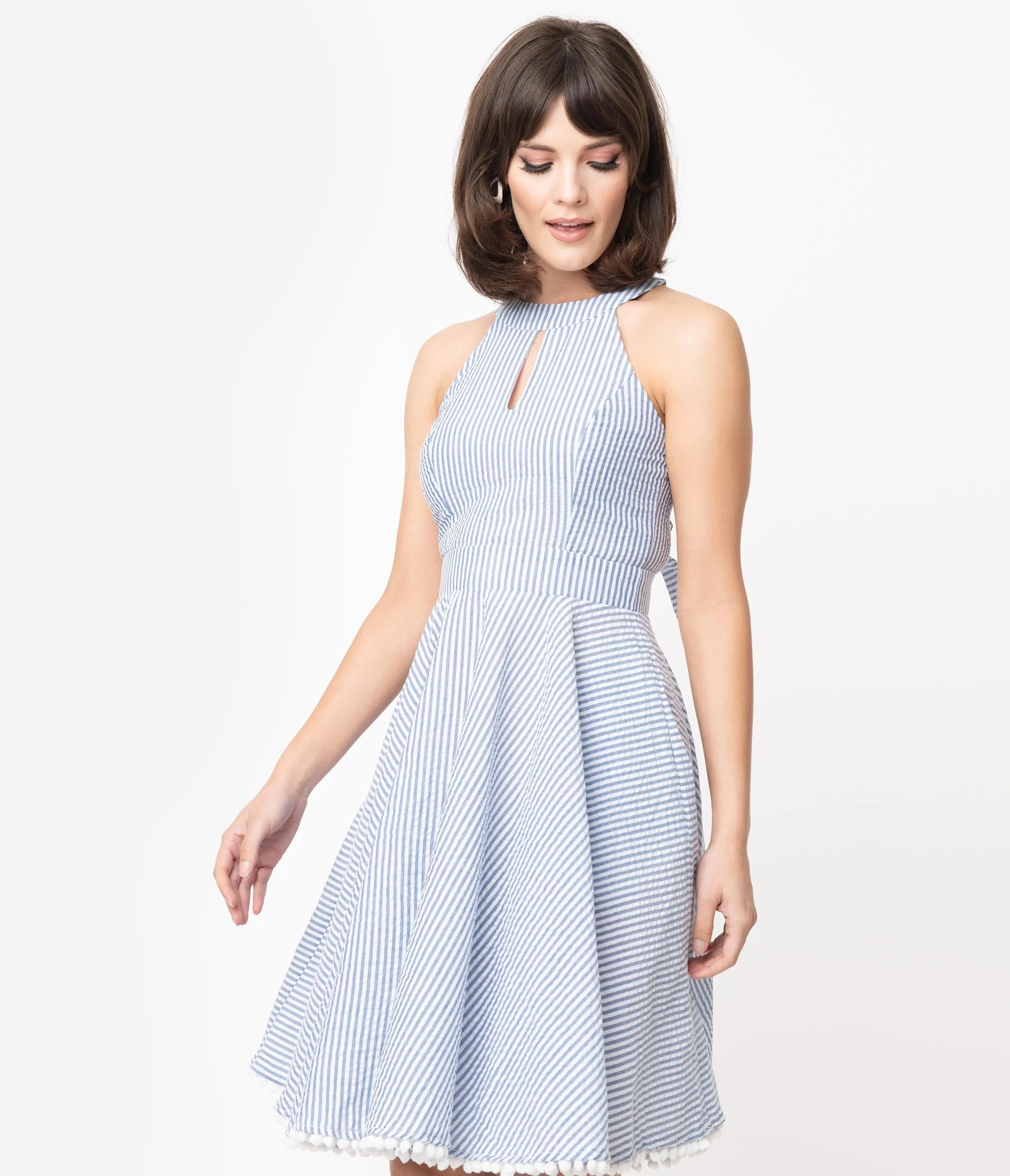 Smak Parlour Blue & White Stripe Seersucker Make Me Over Flare Dress