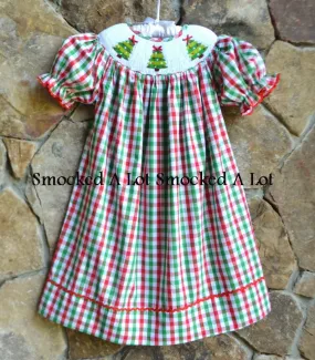 Smocked Christmas Tree Bishop Dress- Red Green Plaid